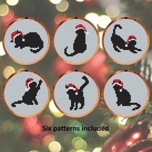 Katten in kerstmutsen kruissteekpatronen, set van zes leuke patronen voor kaarten of kerstboom, instant download PDF