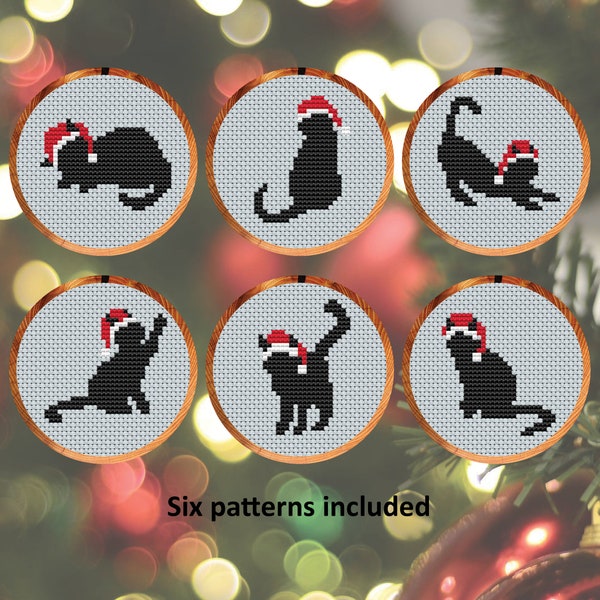 Cats in Christmas Hats cross stitch patterns, set of six fun patterns for cards or Christmas tree, instant download PDF