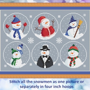 Een verzameling sneeuwmannen kruissteekpatroon - steek als een enkele afbeelding of afzonderlijk in hoepels of voor kaarten - instant download PDF