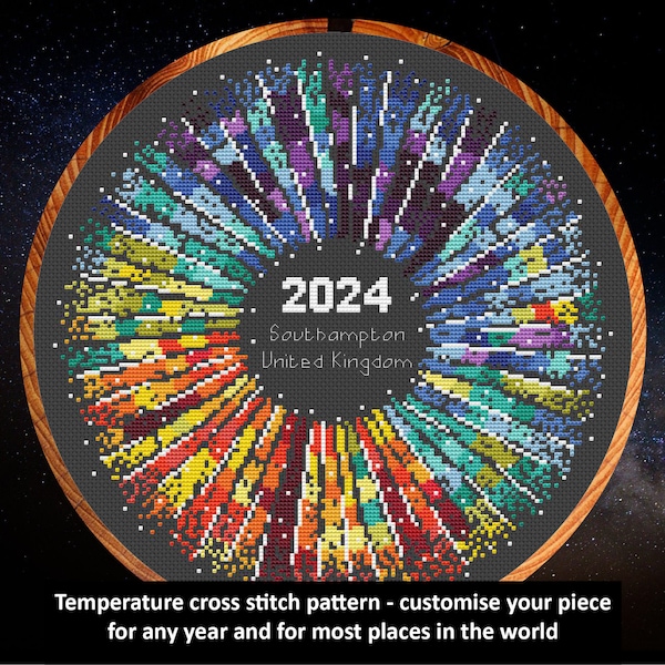 Temperature cross stitch pattern - Rainbow Temperature Supernova - customise your piece for any year and most places in the world
