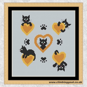 Modèle de point de croix Peekaboo Cat Hearts, cousez comme une image entière ou chaque motif sous forme de mini-dessins ou de cartes, téléchargement instantané PDF