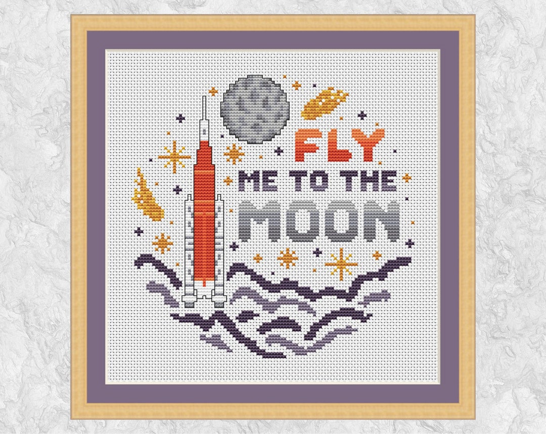 Fly Me to the Moon Cross Stitch Pattern, Artemis SLS Rocket, Fun