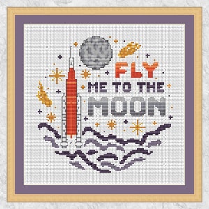 Fly Me To The Moon クロスステッチ パターン、Artemis SLS ロケット、楽しい宇宙と天文学チャート、PDF の即時ダウンロード