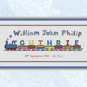Custom train cross stitch pattern, personalised steam train birth announcement, customised birth sampler, child's name, new baby gift, PDF