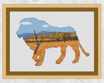 Lion cross stitch pattern, african plains Animals at Home chart, nature wildlife cross stitch design, instant download PDF