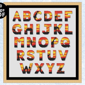 African Sunset Alphabet cross stitch pattern, Safari ABC complete chart, personalise your own name or text, instant download PDF booklets