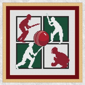 Modèle de point de croix de cricket, silhouettes de joueurs de cricket, tableau pour les fans de sport, téléchargement instantané PDF