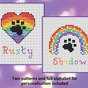 Personalised paw print heart and paw print rainbow cross stitch patterns, DIY personalisation, instant download PDF