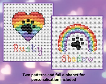 Personalised paw print heart and paw print rainbow cross stitch patterns, DIY personalisation, instant download PDF