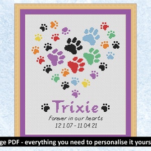 Personalised paw print heart cross stitch pattern, everything included to personalise design yourself, instant download PDF