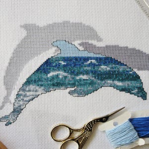 Dolphins cross stitch pattern, printable ocean marine wildlife counted cross stitch chart, sea dolphins silhouette, modern pattern PDF