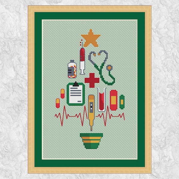 Medical Christmas Tree cross stitch pattern - fun gift for nurses, doctors and others in the medicine field - instant download PDF