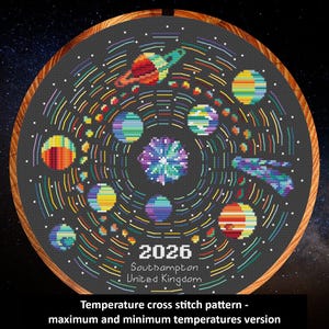 Puede incluir: Un patrón de punto de cruz que representa un diseño colorido del sistema solar, enmarcado en un aro de madera. El diseño incluye planetas y líneas radiantes en varios colores. El texto en la parte inferior dice "2026 Southampton United Kingdom". El texto en la parte inferior dice "Temperature cross stitch pattern - maximum and minimum temperatures version".