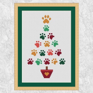 Paw Print kerstboom kruissteekpatroon, leuke eenvoudige grafiek voor honden- of kattenliefhebber, instant download PDF