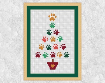 Paw Print Christmas Tree cross stitch pattern, fun easy chart for dog or cat lover, instant download PDF