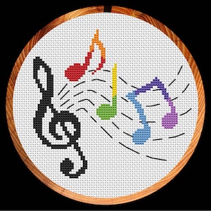 Music cross stitch pattern, rainbow musical notes, hoop art, fun easy design, instant download PDF image 1