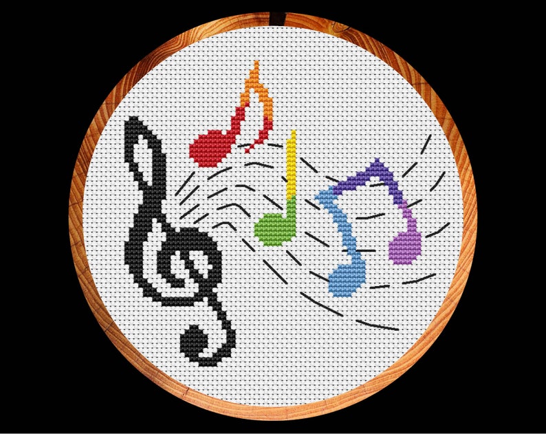 Music cross stitch pattern, rainbow musical notes, hoop art, fun easy design, instant download PDF image 1