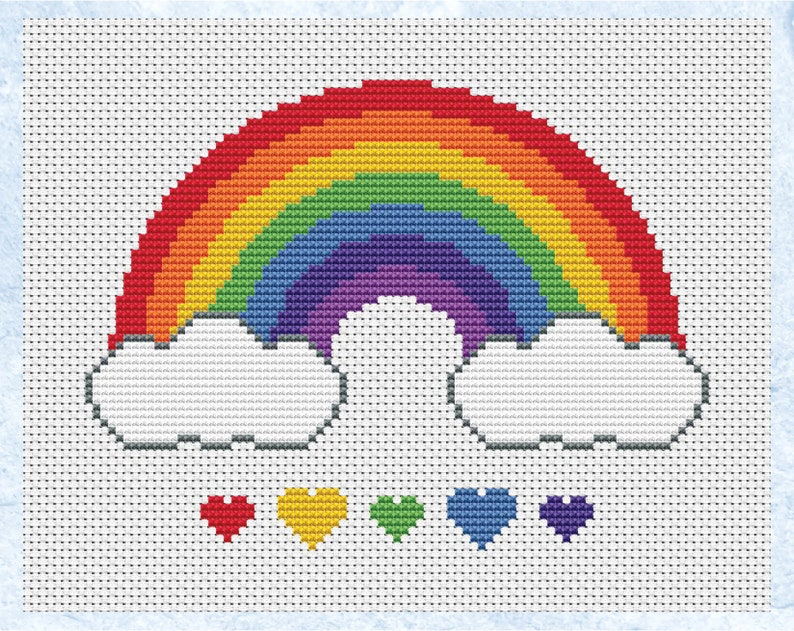 Rainbow cross stitch pattern, rainbow, clouds and hearts design, instant download PDF image 3