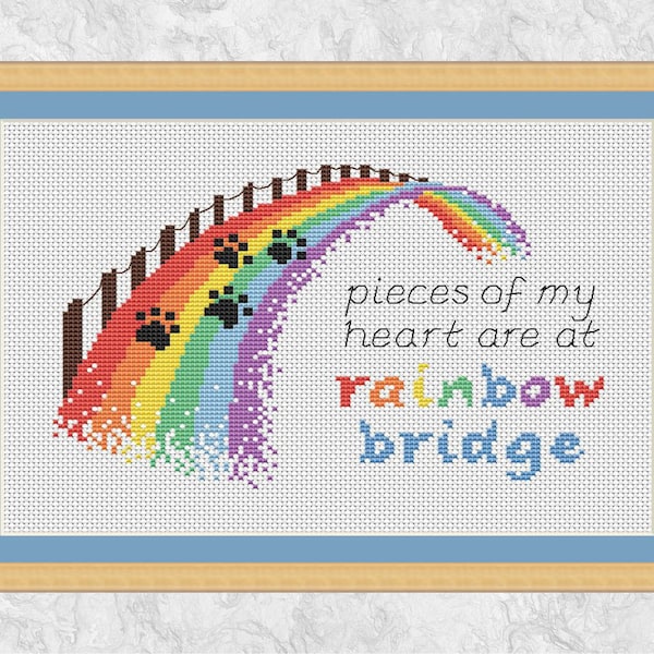 Rainbow bridge cross stitch pattern (for several pets), dog or cat memorial, pet loss gift, paw prints quote, animal lover, modern PDF