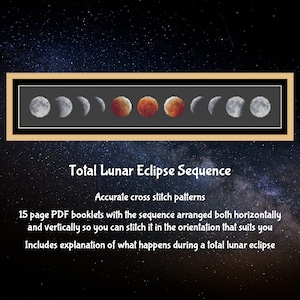 May include: A cross stitch pattern for a total lunar eclipse sequence. The pattern shows the moon in different phases, from a full moon to a total eclipse. The pattern is available as a 15-page PDF booklet.