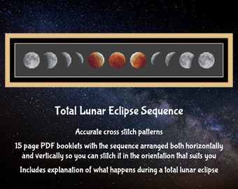 Lunar Eclipse Sequence cross stitch pattern - accurate astronomy charts in both horizontal and vertical layouts - instant download PDF