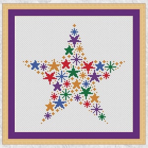 May include: A colorful star-shaped design made of various colored stars, including red, green, blue, purple, and gold. The stars are arranged in a pattern to form a larger star.