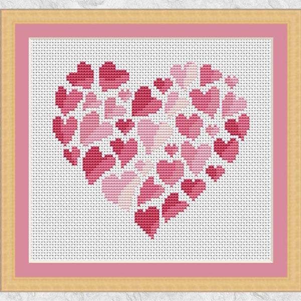 Pink Heart of Hearts cross stitch pattern, modern cross stitch design, instant download PDF