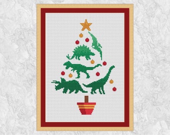 Dinosaur Christmas Tree cross stitch pattern, fun modern xmas chart, instant download PDF