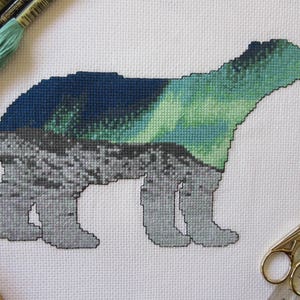 Polar bear cross stitch pattern, modern Christmas cross stitch chart PDF, Northern Lights, Arctic, snow, winter, astronomy animal silhouette