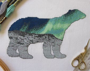 Polar bear cross stitch pattern, modern Christmas cross stitch chart PDF, Northern Lights, Arctic, snow, winter, astronomy animal silhouette