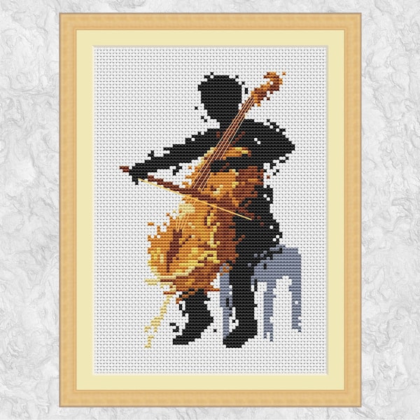 Cello kruissteekpatroon (mannelijk), muziekgeteld kruissteekschema, moderne kunstcellist, muzikant, orkest, silhouet, PDF