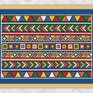 May include: A colorful geometric pattern with repeating shapes and lines in red, orange, yellow, green, blue, white, and black. The pattern is framed in a blue and gold frame.