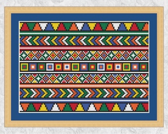 African beadwork inspired cross stitch pattern, cross stitch border, abstract, geometric, modern, printable, PDF - instant download