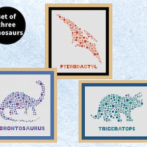 Dinosaur cross stitch patterns, set of three, fun geometric set of designs, easy to stitch, instant download PDFs
