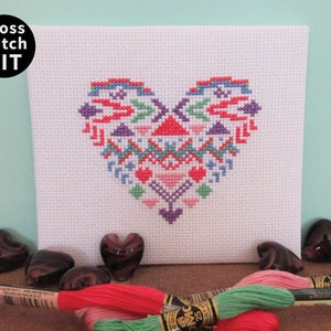 Aztec Heart cross stitch kit, beginner cross stitch kit, modern geometric embroidery kit, diy craft, needlework kit