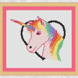 Einhorn Herz Kreuzstichmuster, Regenbogen Einhorn Kreuzstichmuster, rosa und pastellfarben, modernes Kreuzstichmuster, PDF