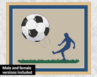 Può includere: Un pallone da calcio bianco e nero viene calciato da una silhouette blu di una persona. Il pallone è in aria e la persona è in posizione di calcio. Lo sfondo è di colore marrone chiaro con erba verde in basso.