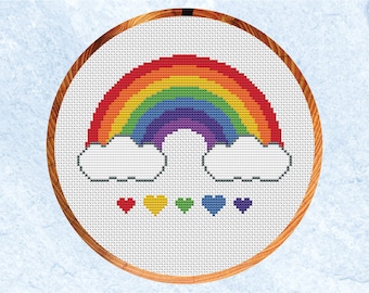 Rainbow cross stitch pattern, rainbow, clouds and hearts design, instant download PDF