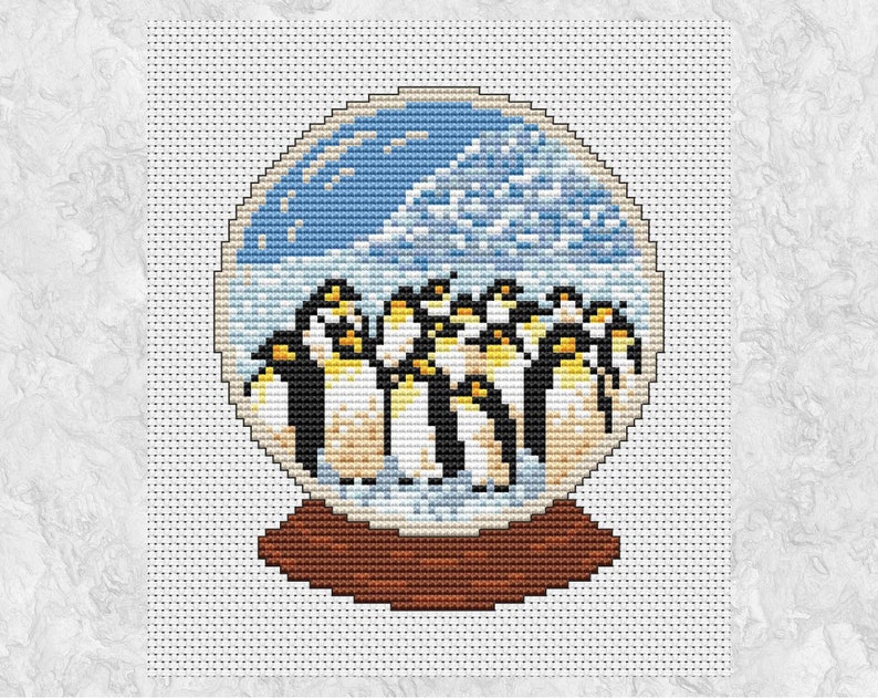 Christmas Snowglobe cross stitch pattern, Antarctica penguins snow scene, instant download PDF image 2