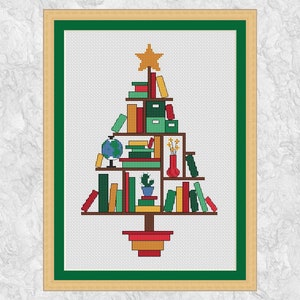 Book Lovers&#39; Christmas Tree cross stitch pattern (larger), instant download PDF