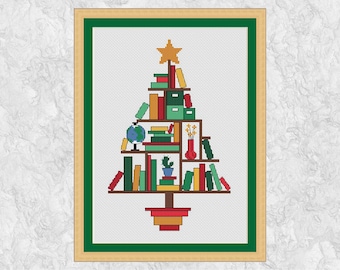 Book Lovers' Christmas Tree cross stitch pattern (larger), instant download PDF
