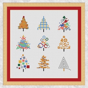 Kruissteekpatroon van negen kerstbomen, mini-kerstkaartmotieven of leuke kerstfoto, direct downloadbare PDF