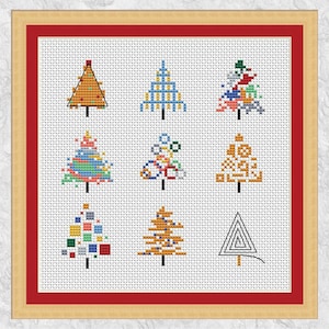 Nine Christmas Trees cross stitch pattern, mini Christmas card motifs or fun xmas picture, instant downoad PDF image 1