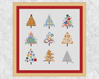 Nine Christmas Trees cross stitch pattern, mini Christmas card motifs or fun xmas picture, instant downoad PDF