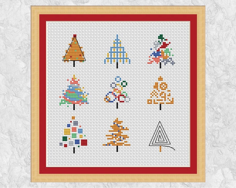 Nine Christmas Trees cross stitch pattern, mini Christmas card motifs or fun xmas picture, instant downoad PDF image 1