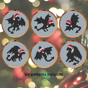 Draken in kerstmutsen kruissteekpatronen, set van zes leuke patronen voor kaarten of kerstboom, instant download PDF