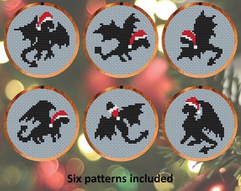Dragons in Christmas Hats cross stitch patterns, set of six fun patterns for cards or Christmas tree, instant download PDF