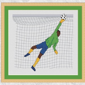 Football cross stitch pattern, modern goalkeeper counted cross stitch chart, goal, footballer, soccer player, team games, printable PDF