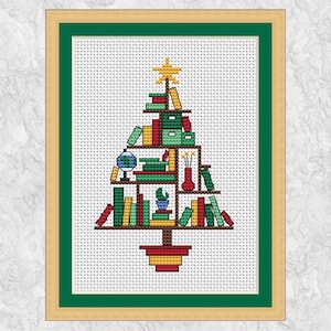 Book Lovers&#39; Christmas Tree cross stitch pattern (smaller), fun Christmas design, instant download PDF