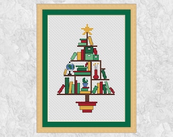 Book Lovers' Christmas Tree cross stitch pattern (smaller), fun Christmas design, instant download PDF